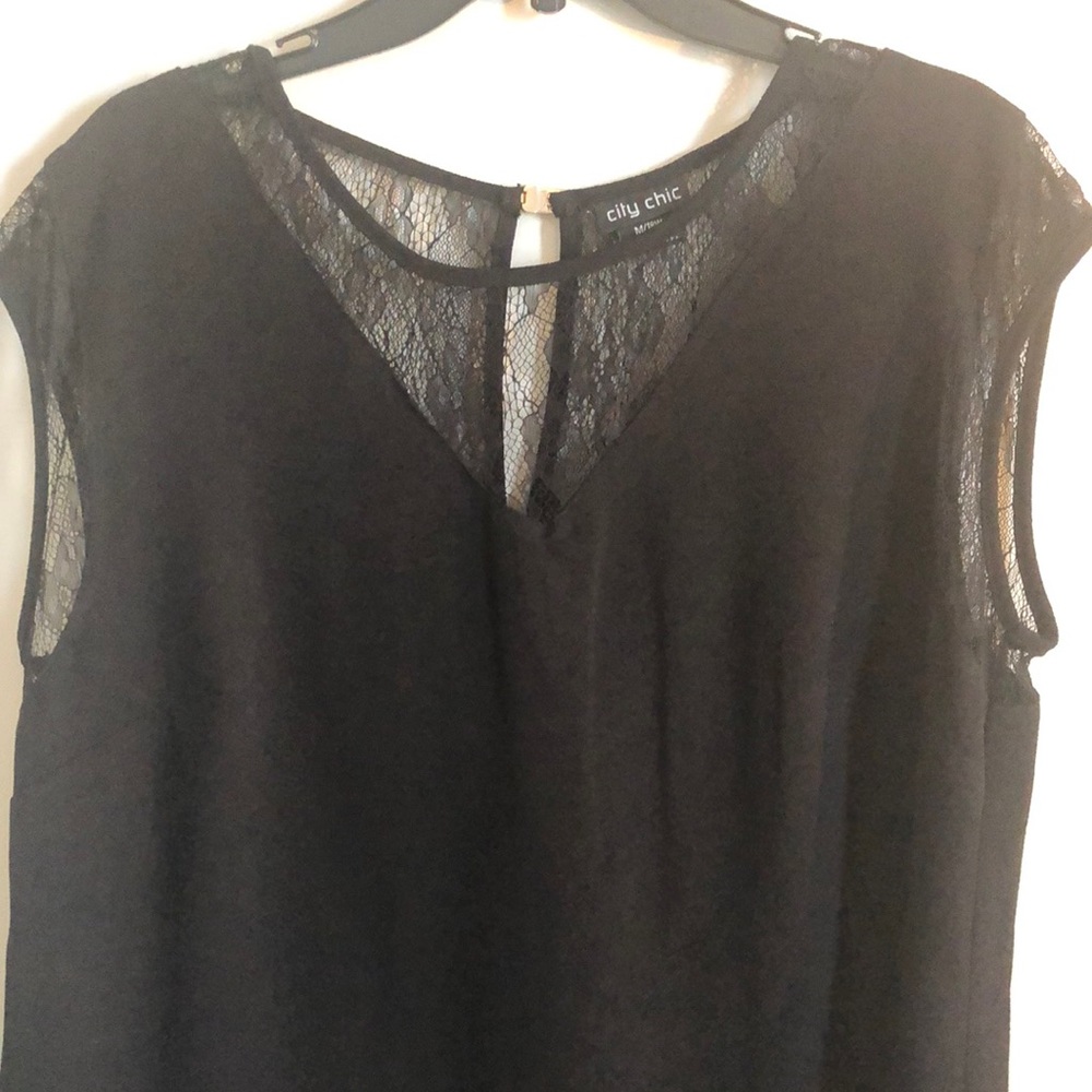 City Chic black knee length shift dress with lace trim. Size 18w